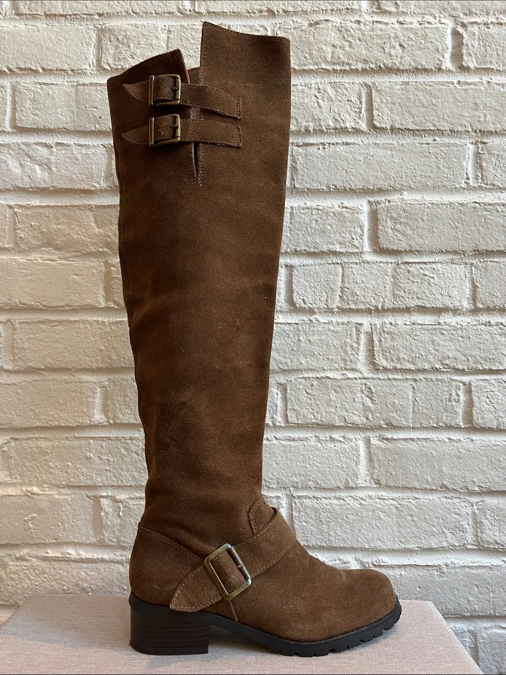 SOLE SOCIETY Brown Suede Over the Knee Lug Sole Low Heel Boots Buckles Size 6